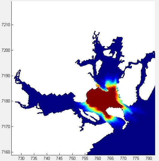 Mapa de saída de modelagem espacial em corpo hídrico costeiro